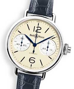 WW1 Chronographe Monopoussoir in Steel on Black Alligator Leather Strap with Ivory Dial