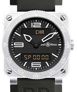 BR 03 Type Aviation Quartz in Steel on Black Rubber Strap with Black Dial