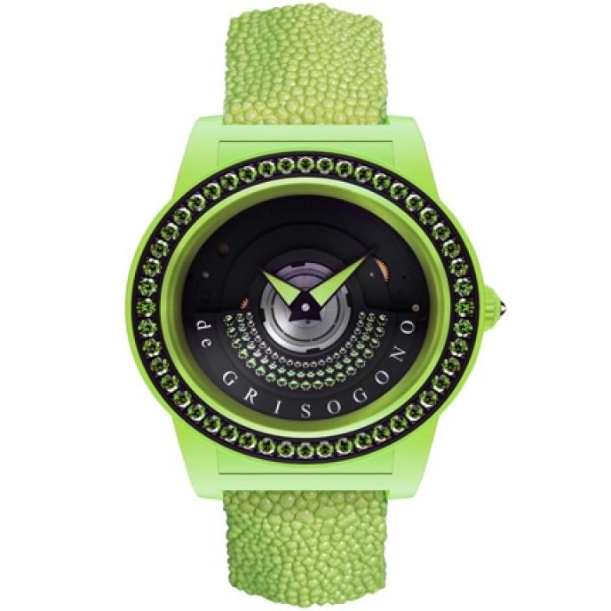 Tondo by Night 49mm Automatic in Composite, Fiberglass with PVD,Steel and Gemstone Bezel on Green Galuchat Strap with Black Amethysts Dial