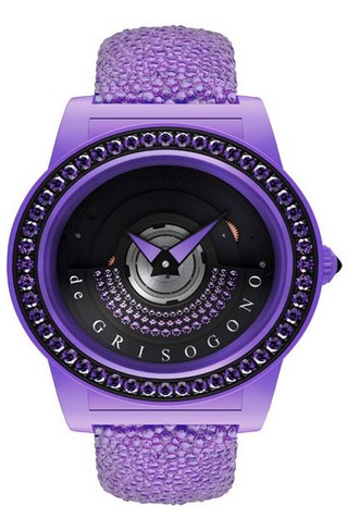 Tondo by Night 49mm Autoamtic in Composite, Fiberglass with PVD,Steel and Gemstone Bezel on Purple Galuchat Strap with Black Amethysts Dial
