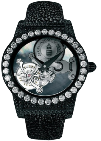 Tondo Tourbillon Gioiello S02 Gio Black 45.35mm in White Gold, PVD with White Diamond Bezel on Black Galuchat Strap with Black MOP Dial