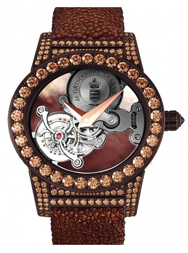 Tondo Tourbillon Gioiello S03 43.35mm in White Gold,PVD with Brown Diamond Bezel on Brown Galuchat Strap with Brown MOP Dial