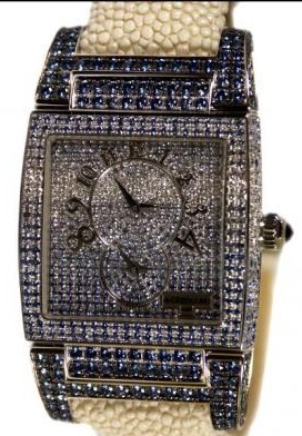 Instrumento No Uno DF S31 37.5mm Autoamticin White Gold with White & Blue Diamonds Bezel on Beige Galuchat Strap with Pave White & Blue Diamond Dial