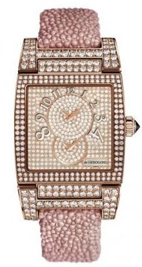 Instrumento No Uno DF 37.5mm in Rose Gold with Diamonds bezel on Pink Galuchat Strap with Pave Diamond Dial