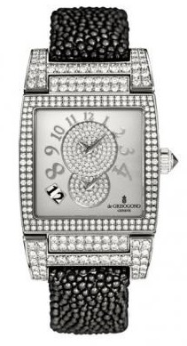 Instrumento No Uno DF 37.5mm Autoamtic in White Gold with Diamonds Bezel on Balck Galuchat Strap with Silver Guilloche Diamond Dial