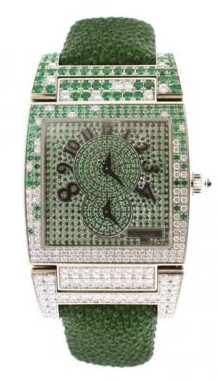 Instrumento No Uno DF S40 in White Gold with Pave Emeralds & Diamonds Bezel on Green Galuchat Strap with Pave Diamond Dial