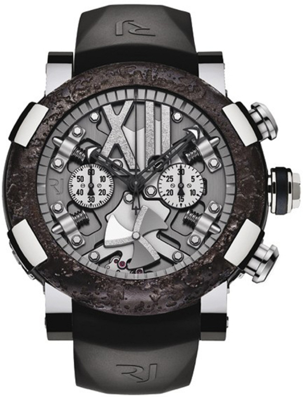 Steampunk Metal Chronograph Automatic in Rusted Steel On Black Rubber Strap with Grey Skeleton Dial