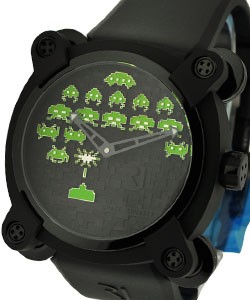 Invader Space Invaders Green 46mm in Black PVD On Black Rubber Strap with Black 3D Dial - Limited Edition of 8 Pieces