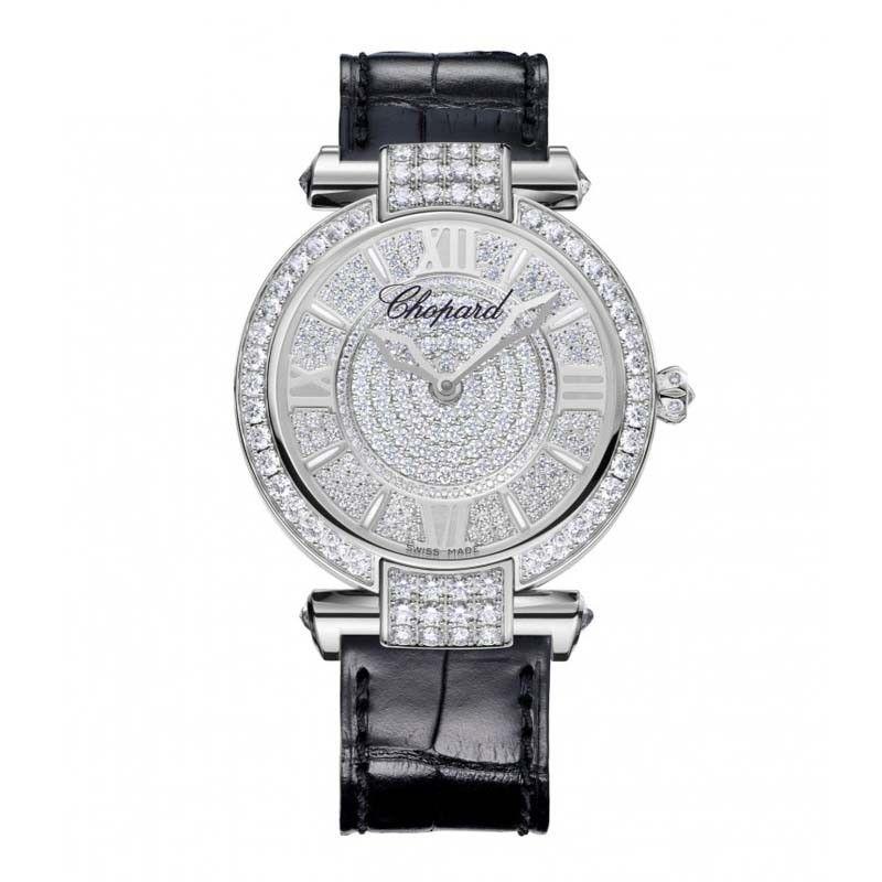 Imperiale Round 36mm in White Gold with Diamond Bezel on Black Leather Strap with Pave Diamond Dial