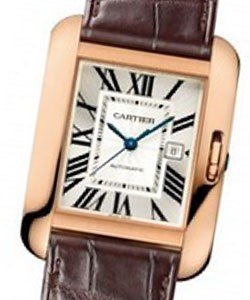 Tank Anglaise Medium in Rose Gold on Brown Leather Strap with Silver Dial