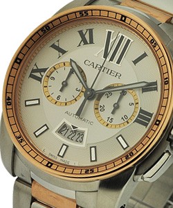 Calibre de Cartier Chronograph in Steel with Rose Gold Beze on Steel with Rose Gold Bracelet on Silver Opaline Dial