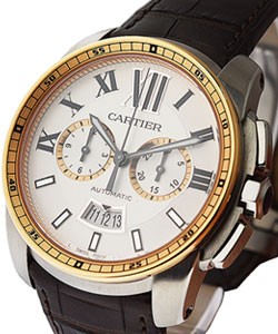 Calibre de Cartier Chronograph Two Tone Steel with Rose Gold Bezel and Silver Opaline Dial