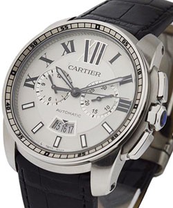 Calibre de Cartier Chronograph in Steel on Black Crocodile Leather Strap with Silver Dial