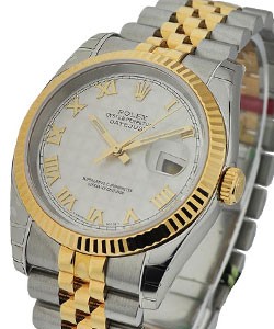 Datejust 36mm in Steel with Yellow Gold Fluted Bezel on Steel and Yellow Gold Jubilee Bracelet with White Pyramid Roman Dial