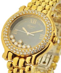 Happy Sport Round 32mm with Double Row Diamond Bezel Yellow Gold on Bracelet with Blue Dial