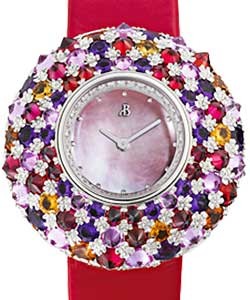 Ouni in White Gold with Diamonds and Gems on Red Calf Leather with Pink MOP Dial