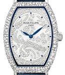 Ladies Gondolo 7099G in White Gold with Pave Diamond Case on Blue Satin Strap with Hand Guilloched Diamond Dial
