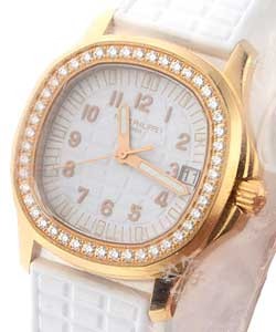 Aquanaut Luce with Rose Gold with Diamond Bezel on Tropical Strap with Embossed White Dial