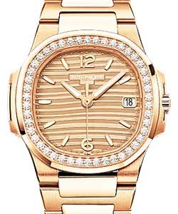 7010 Ladies Nautilus 32mm Quartz in Rose Gold with Diamond Bezel on Rose Gold Bracelet with Gold Dial