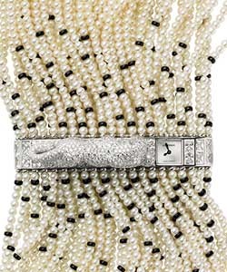 Panther Decor Cuff Watch with Diamonds & Gems  White Gold on Pearl Bracelet with Silver Dial