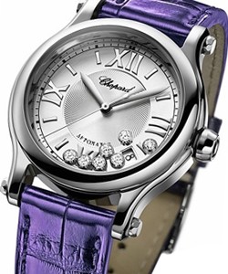 Happy Sport Medium in Steel on Purple Alligator Leather Strap with Silver Guilloche Dial