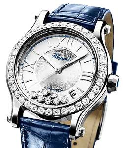 Happy Sport in Steel with Diamond Bezel on Blue Leather Strap with Silver Guilloche Dial