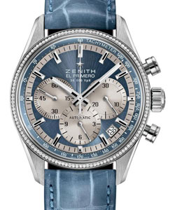 El Primero 36'000 VPH in Steel with Diamond Bezel on Blue Alligator Leather Strap with Blue Sunray Dial