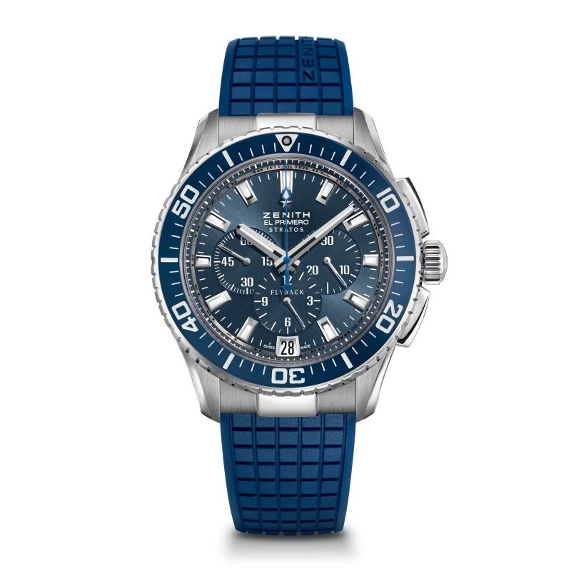 El Primero Stratos Flyback in Steel with Blue Bezel on Blue Rubber Strap with Blue Dial