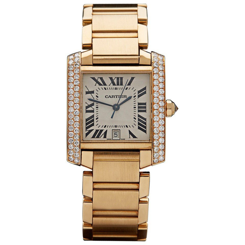 Tank Francaise Automatic in Yellow Gold  with Diamond Bezel On Bracelet with White Roman Dial