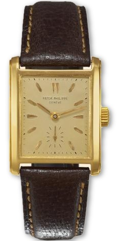 Vintage Rectangular Men''s Watch 2530 - ca. 1950s Yellow Gold on Leather with Champagne Dial