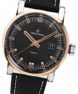 Grand Pacific Automatic in Steel with Rose Gold Bezel On Black Calfskin Leather Strap with Black Dial
