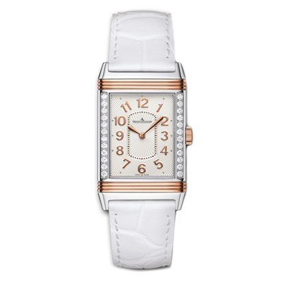 Grande Reverso Lady Ultra Thin Steel and Rose Gold with Diamonds Bezel on White Crocodile Leather Strap with Silver Guilloche Dial