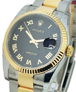 Datejust 36mm in Steel with Yellow Gold Fluted Bezel on Steel and Yellow Gold Oyster Bracelet with Black Jubilee Roman Dial