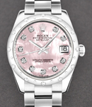 Mid Size 31mm Datejust in Steel with 24 Diamond Bezel  on Steel Oyster Bracelet with Pink MOP Diamond Dial