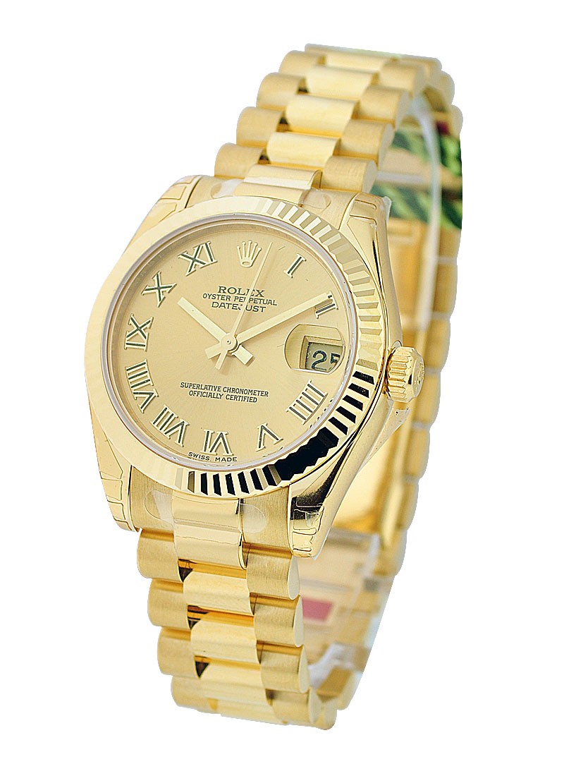 Rolex Unworn President 31mm Mid Size  in Yellow Gold with Fluted Bezel