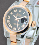 Datejust Ladies 26mm in Steel with Rose Gold Smooth Bezel on Steel and Rose Gold Oyster Bracelet with Black Dial - Roman Hour Markers
