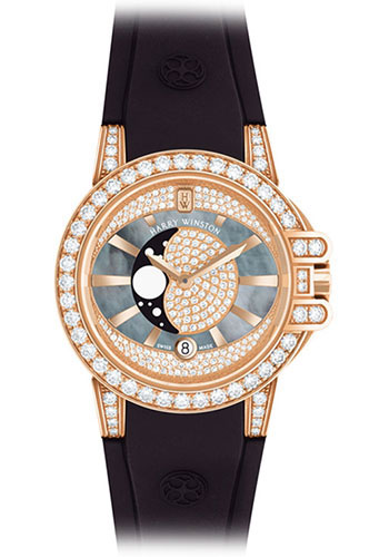 Ocean Lady Monphase 36mm Quartz in Rose Gold with Diamonds Bezel On Black Rubber Strap with Mother of Pearl Diamond Dial