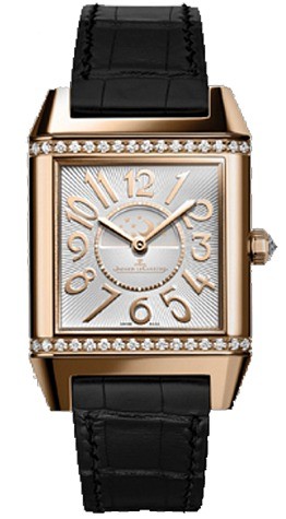 Reverso Squadra Lady Duetto Rose Gold with Diamond Bezel on Black Crocodile Leather Strap with Silver Dial