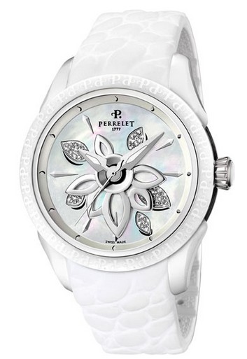 Diamond Flower Ladies Automatic in Ceramic On Whie Rubber Strap - White MOP Diamond