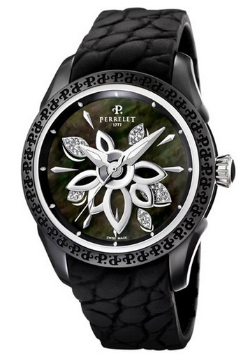 Diamond Flower Ladies Automatic in Black Ceramic On Black Rubber Strap - Black MOP Diamond Dial