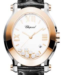 Happy Sport Oval in Quartz in Steel with Rose Gold Bezel On Black Crocodile Strap with White Dial