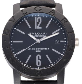 Bvlgari Carbon Gold in Black PVD Carbon on Black Clafskin Leather Strap with Black Dial