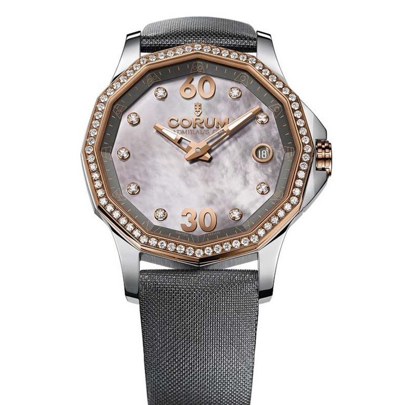 Admiral's Cup Ladies in Steel with Rose Gold Diamond Bezel on Gray Satin Strap with Gray MOP Diamond Dial