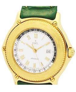 Voyager World Time GMT Automatic in Yellow Gold On Green Leather Strap with Green Dial