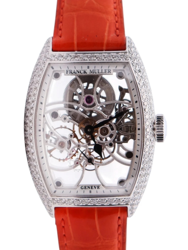 Cintree Curvex Skeleton in Steel with Diamond Case on Red Crocodile Leather Strap with Skeleton Dial