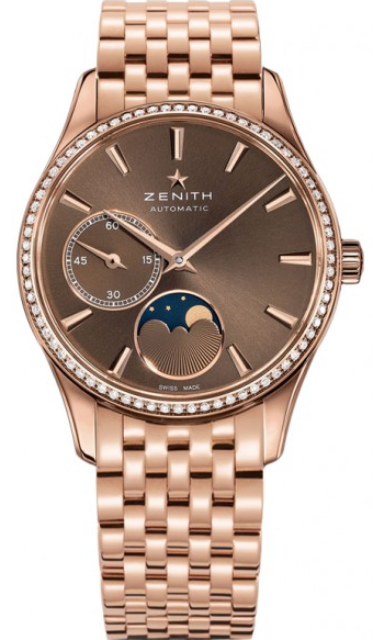 Elite Lady Ultra Thin Moonphase in Rose Gold with Diamond Bezel On Rose Gold Bracelet with Brown Dial