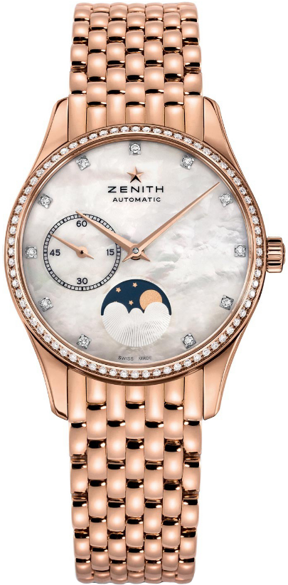 Class Elite Lady Ultra Thin Moonphase in Rose Gold with Diamond Bezel on Rose Gold Bracelet with MOP Diamond Dial
