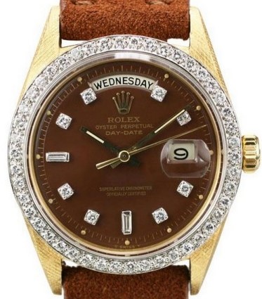 Vintage Day-Date 35.5mm in Yellow Gold with Diamonds Bezel on Brown Leather Strap with Brown Stella Dial