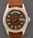 Vintage Day-Date 35.5mm in Yellow Gold with Diamonds Bezel on Brown Leather Strap with Brown Stella Dial