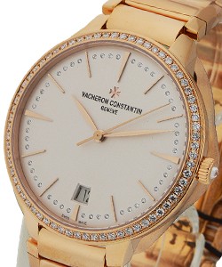 Patrimony Contemporaine in Rose Gold with Diamond Bezel on Rose Gold Bracelet with Silver Dial